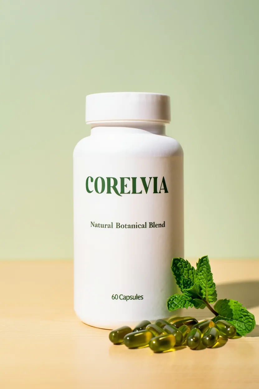 Corelvia natural supplement bottle with green botanical ingredients